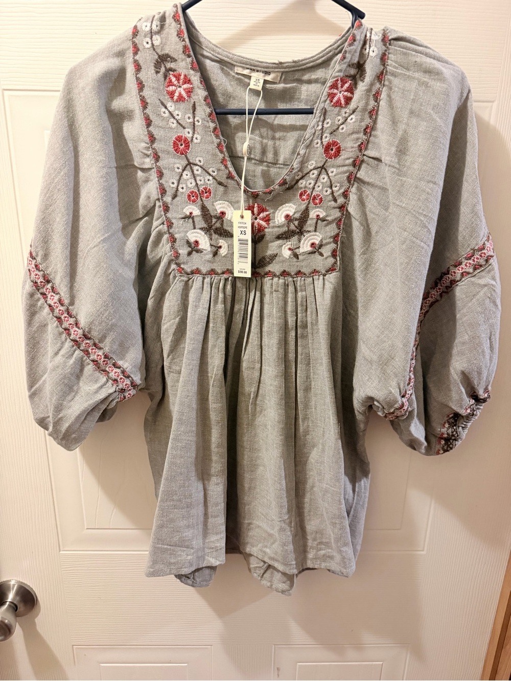 Max Studio Gray Tunic with Red & Cream Embroidery